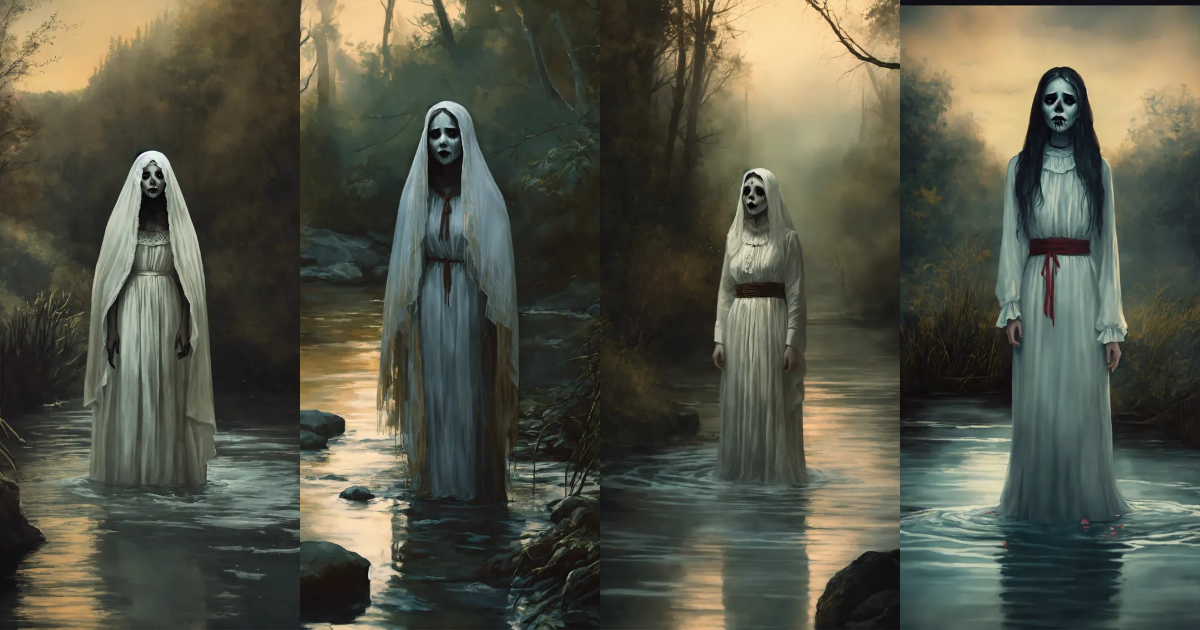Lexica - A terrifying ghost, La Llorona, with her head in a river ...