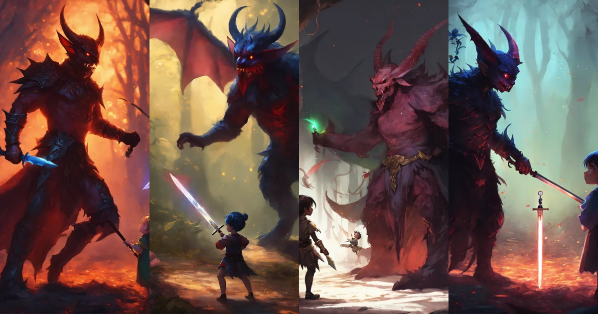 Lexica - A small pixie confronting a dark demon with a magic sword.