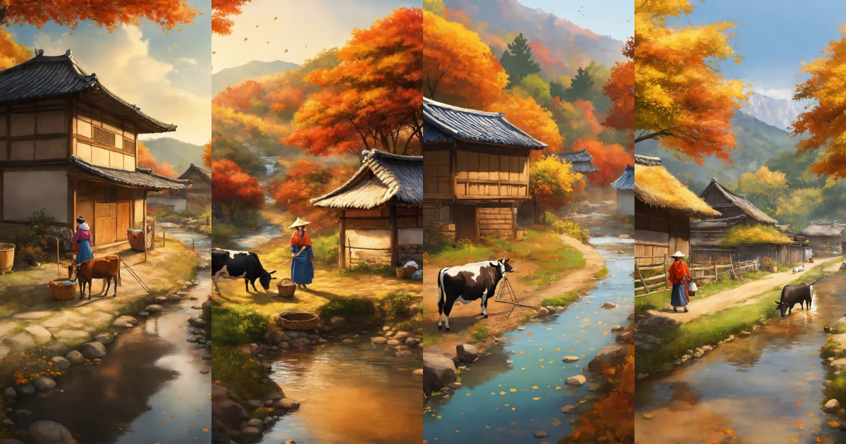 Lexica - Autumn rural scenery in Korea. There is a thatched house with ...