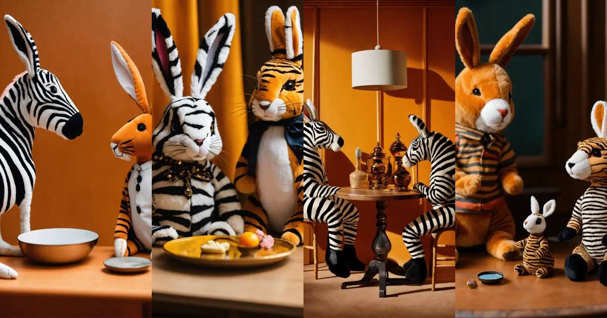Lexica - A stuffed zebra and a rabbit in tiger color are sitting at a ...