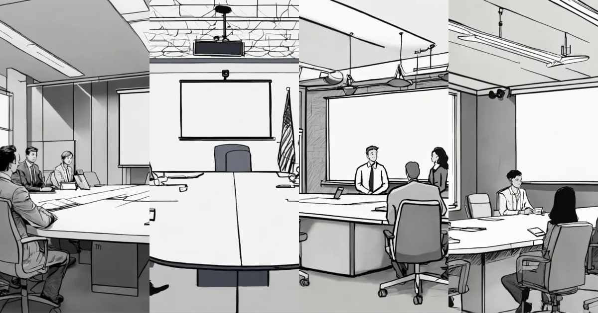 Lexica - Detailed line drawing of a conference room with three people ...