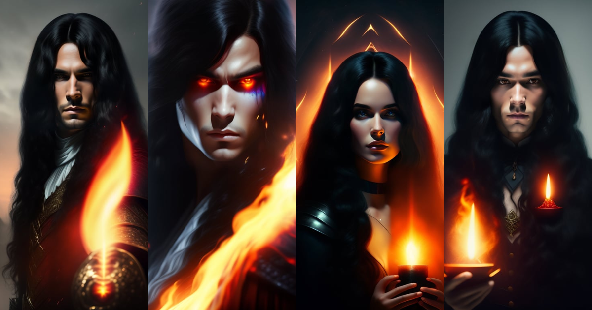Lexica - A dark wizard with long black hair and glowing eyes