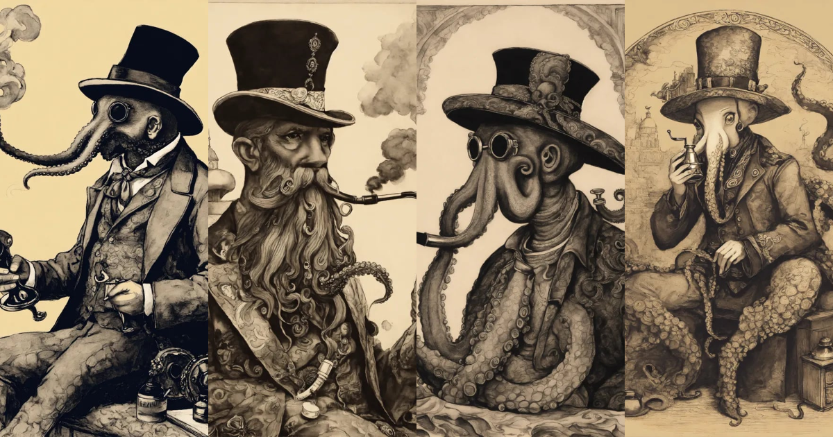 Lexica - Ink drawing of a scene of an octopus smoking a pipe and ...