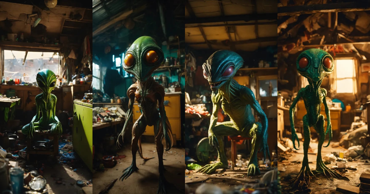 Lexica - Wide angle Environmental shot of alien creature in a cluttered ...