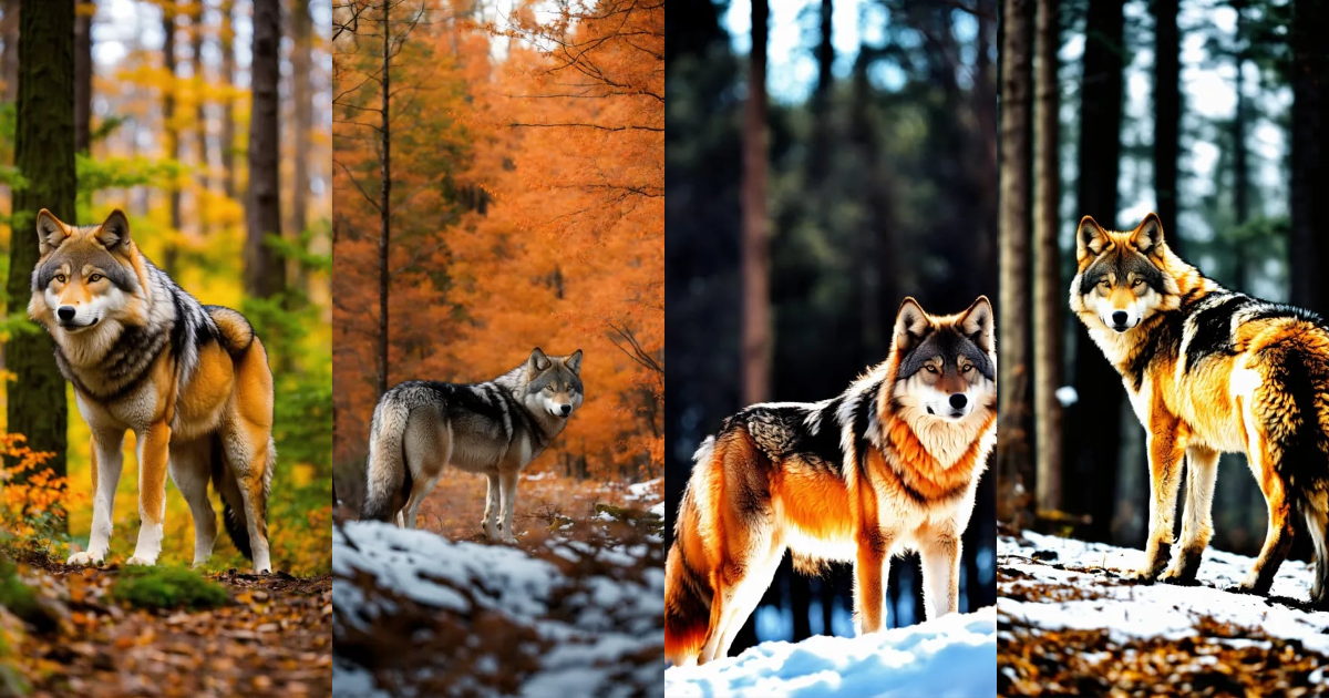 Lexica - Massive, orange fur, wolf, in the woods