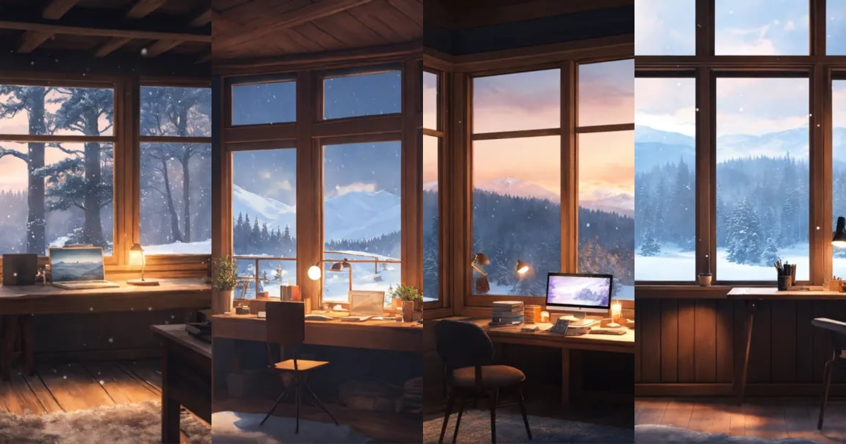 Lexica - Study room in forrest cabin, dark grey washed tints, studio ...