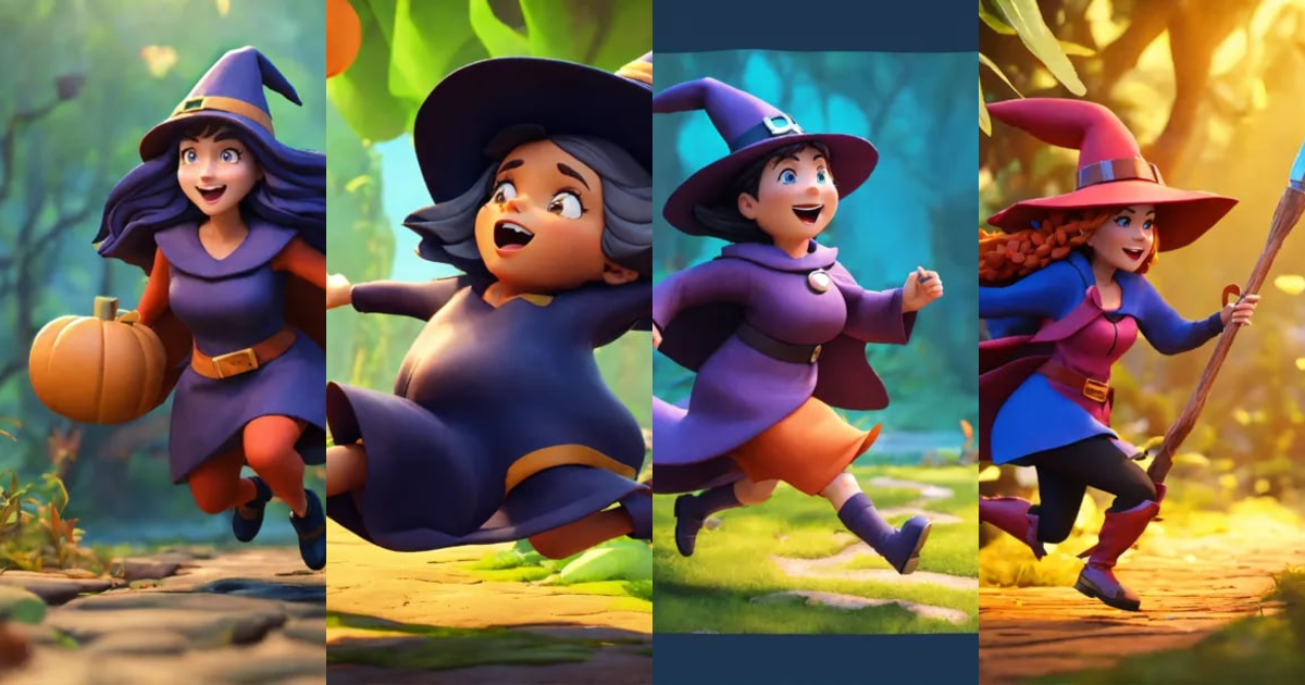 Lexica - Cartoon 3d style big witch running in jungle