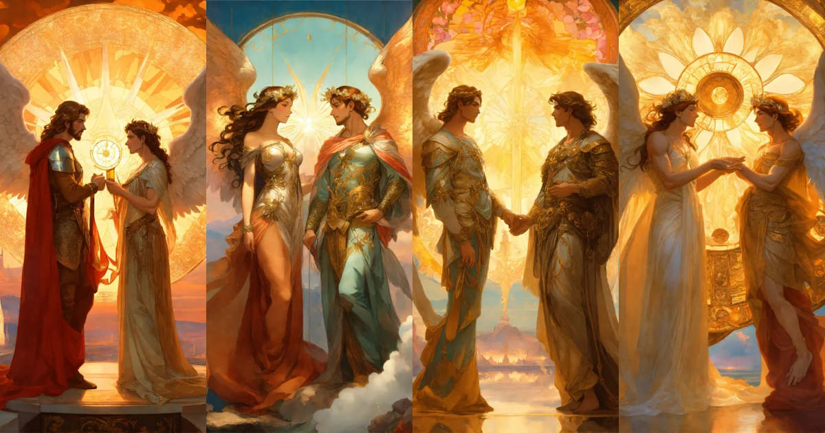 Lexica - Two full-length male angels with open wings, both look at each ...