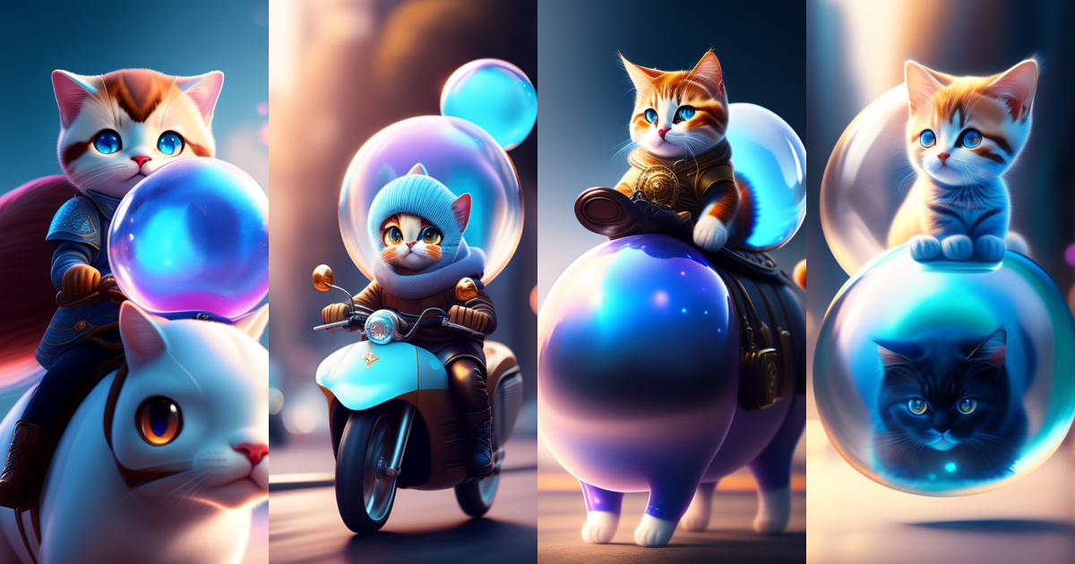 Lexica - Cinematic portrait of cute Mew riding large blue bubble, oil ...