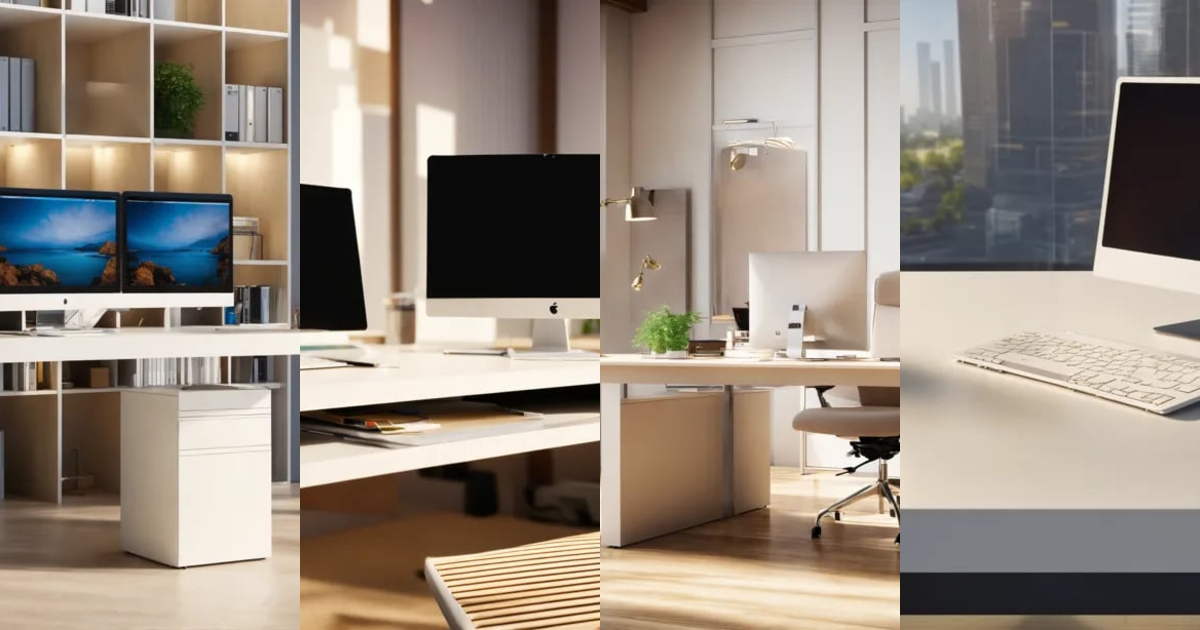 Lexica White wood office desk, cubic office, computer, close up