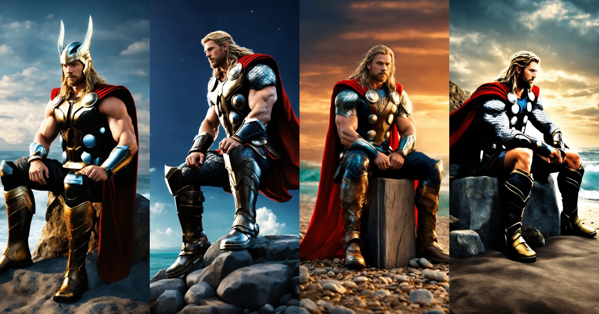 Lexica - Thor on seaside full-body, contrast background 3D render, sitting