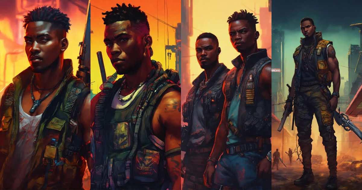 Lexica - African Haitian tough and big cyberpunk wearing a vest with ...