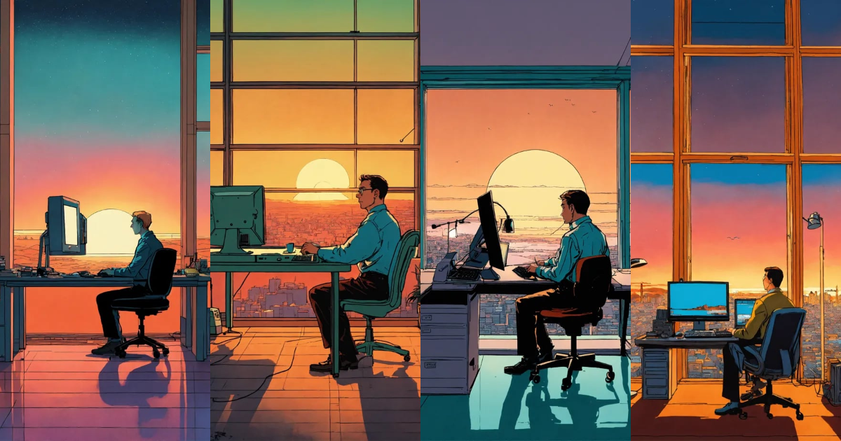 Lexica - Beautiful illustration by Hergé of a lonely man at a computer ...