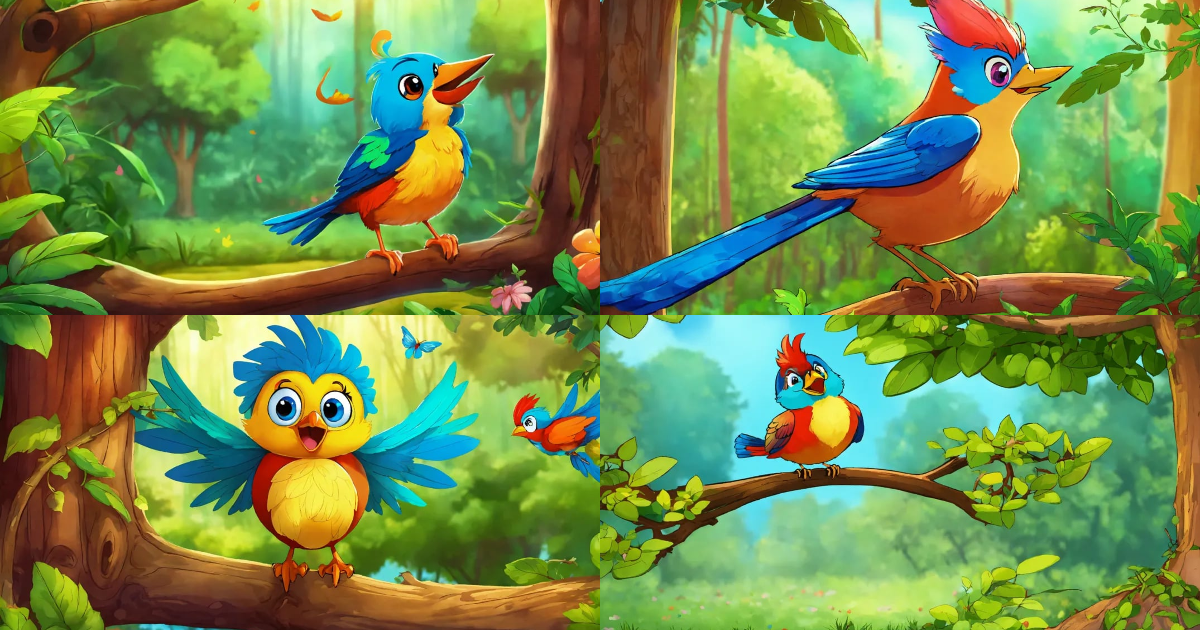 Lexica - A beautiful colorful bird singing on a tree in a forest, cartoon