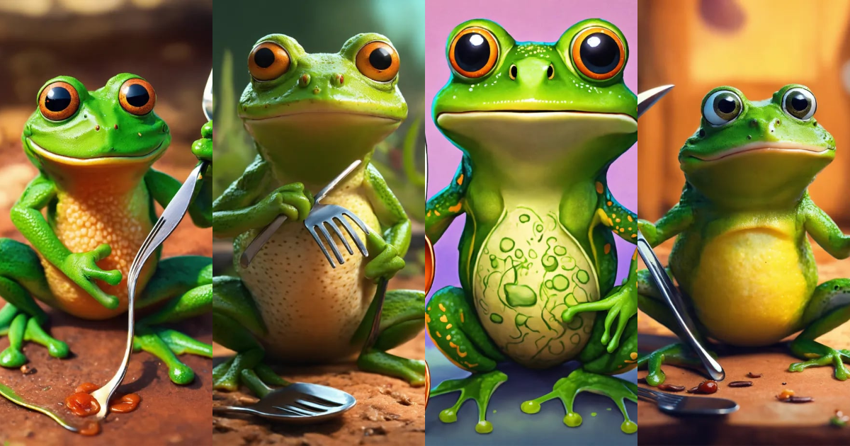Lexica - A frog with a fork in its paws has worms drawing in the style ...