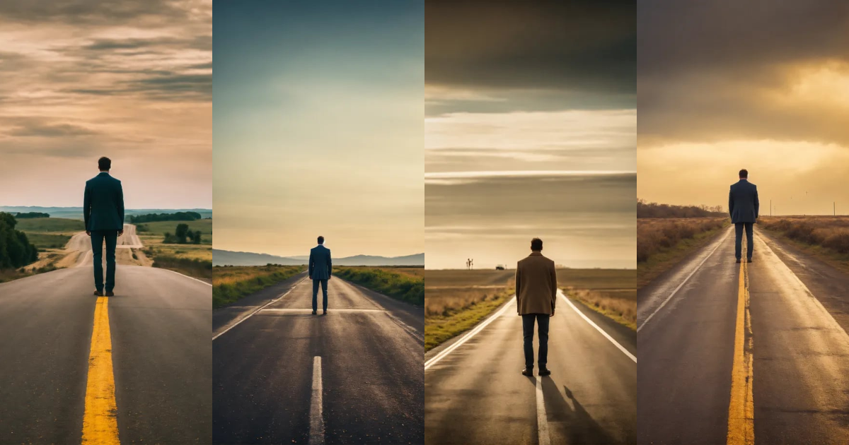 Lexica - The back of one man standing on the left side of an empty road ...