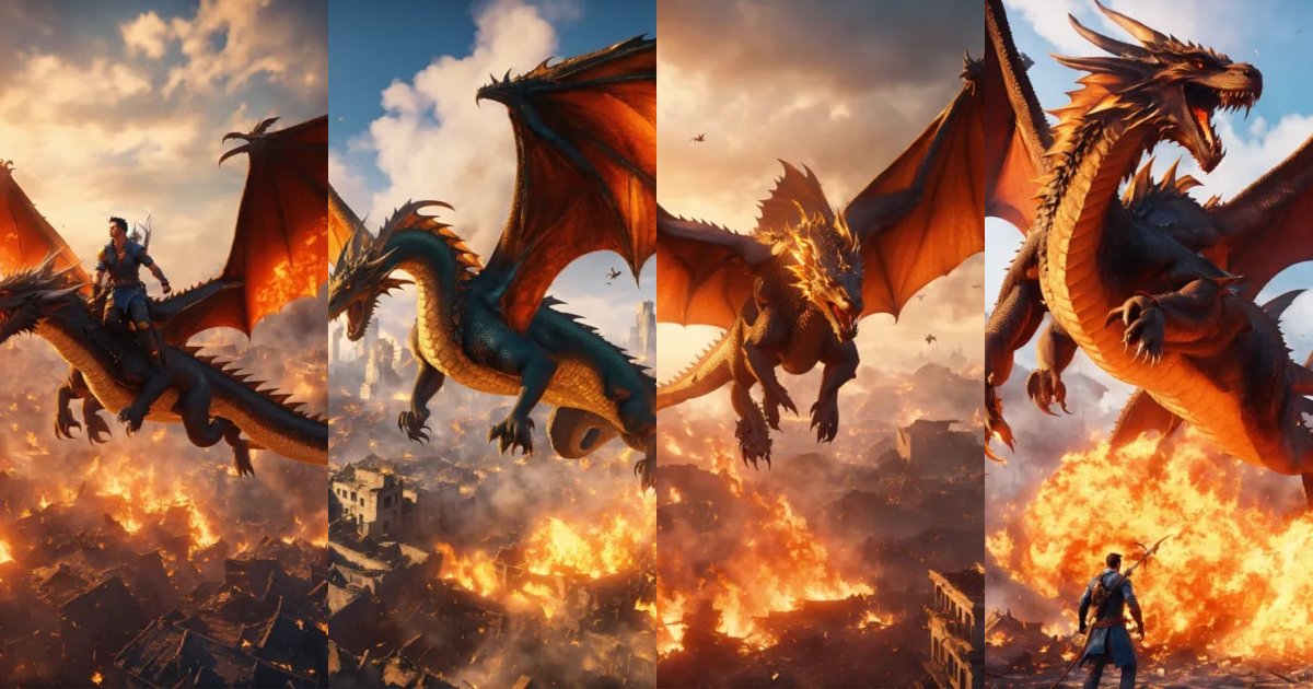 Lexica - A handsome avatar is flying with his dragon over the destroyed ...