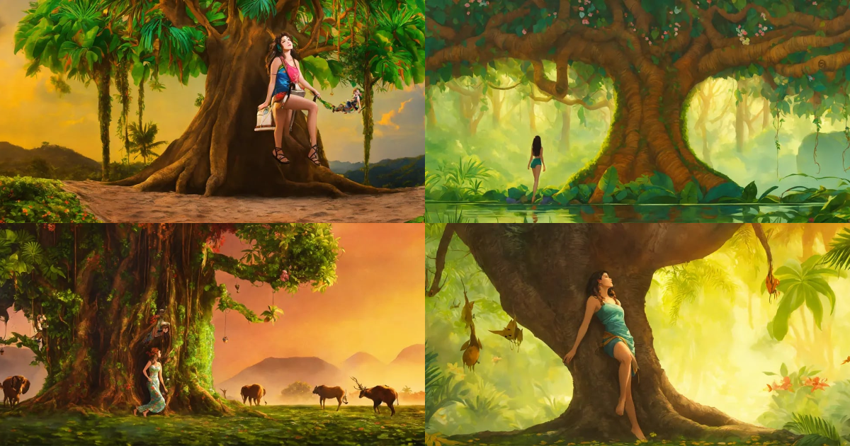 Lexica - A woman whose legs turn into the trunk of a tropical tree, her ...