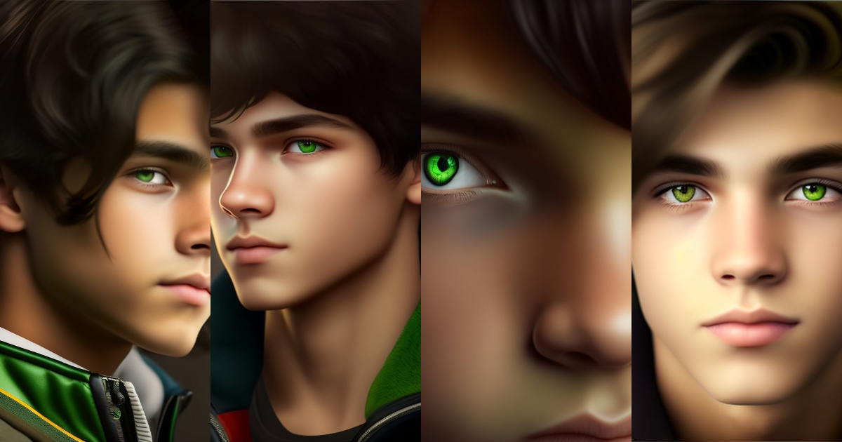 Lexica - A close-up portrait of a teenage boy with piercing green eyes ...