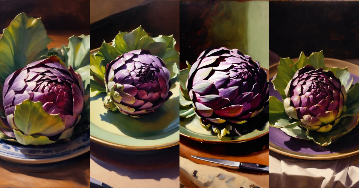 Lexica - Oil painting of purple and green artichoke on a plate, in the ...