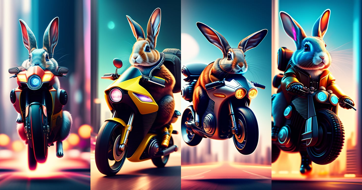 Lexica - A Cyberpunk Rabbit, in a futuristic Motorcycle, jumping over a ...