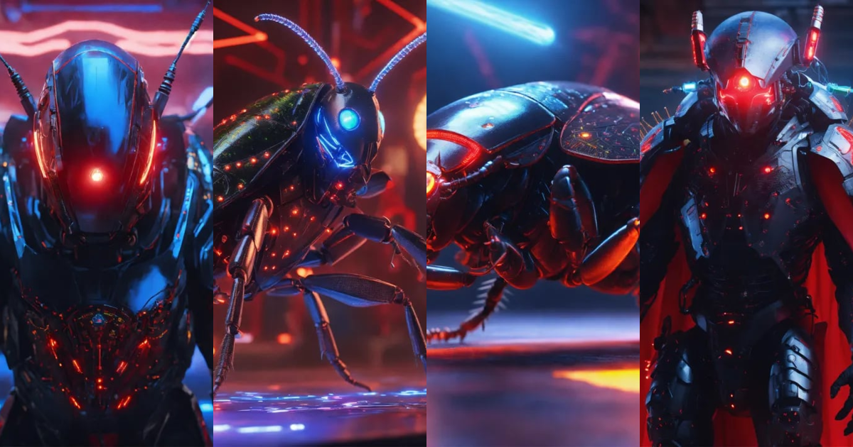 Lexica - Zoom out shot of standing black cockroach faced humanoid with ...