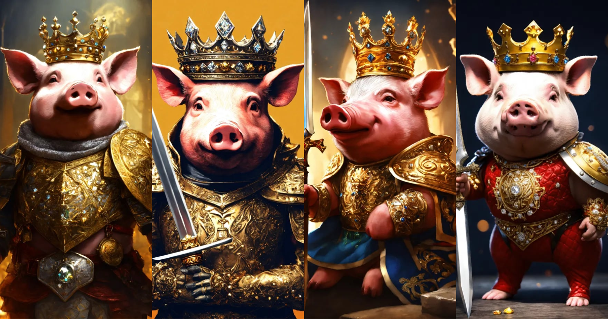 Lexica - Pig king with a crown and a sword made of diamonds