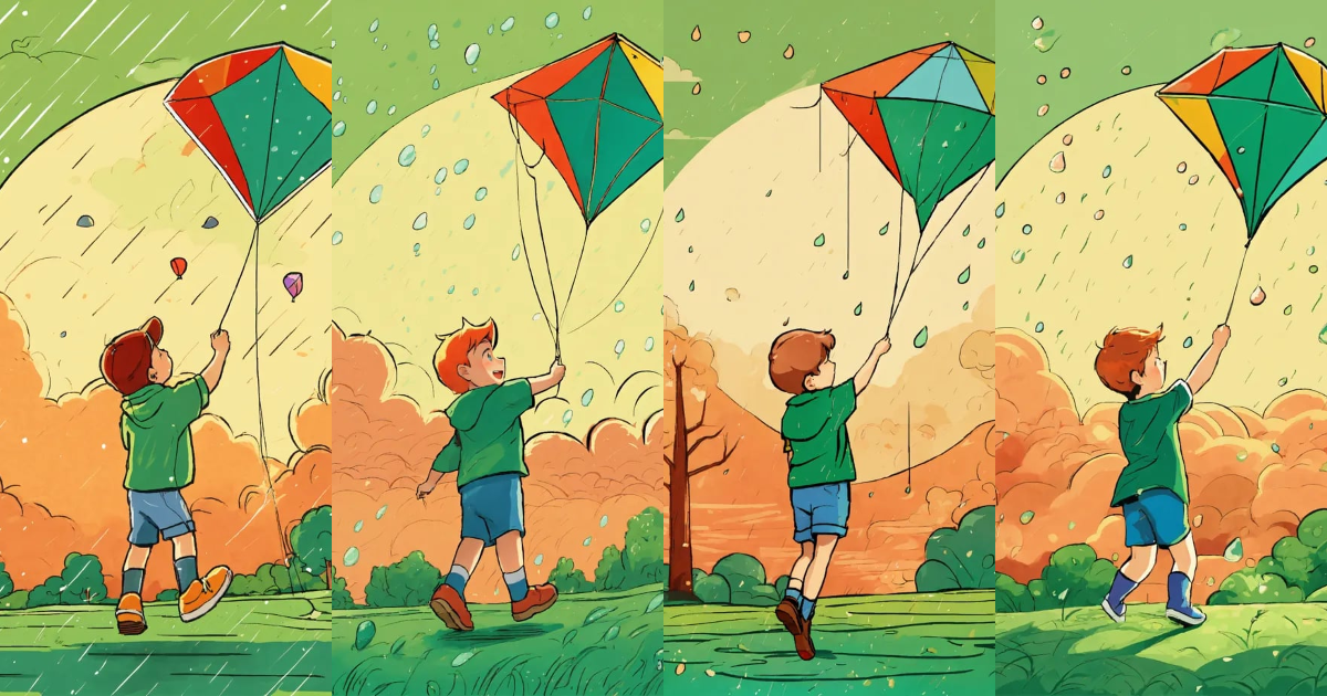 Lexica - Boy flying a kite in the rain cartoon green