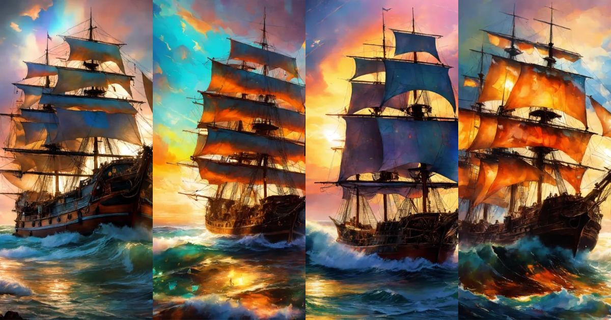 Lexica - Seascape, Pirate ship on the high seas, large sails, storm ...