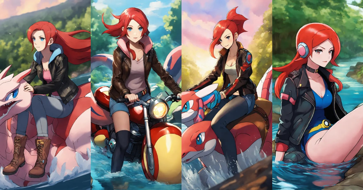 Lexica - Female redhead pokemon trainer in leather jacket riding ...