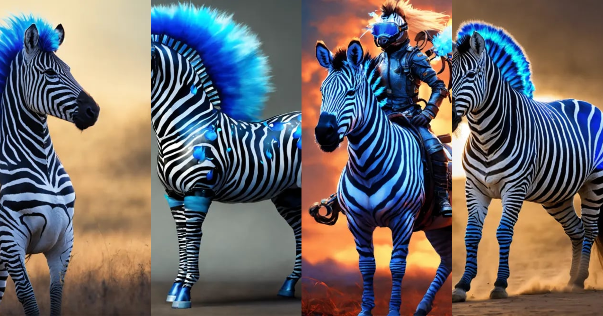 Lexica - Zebra with riding gear, with a mane and tail of blue flame