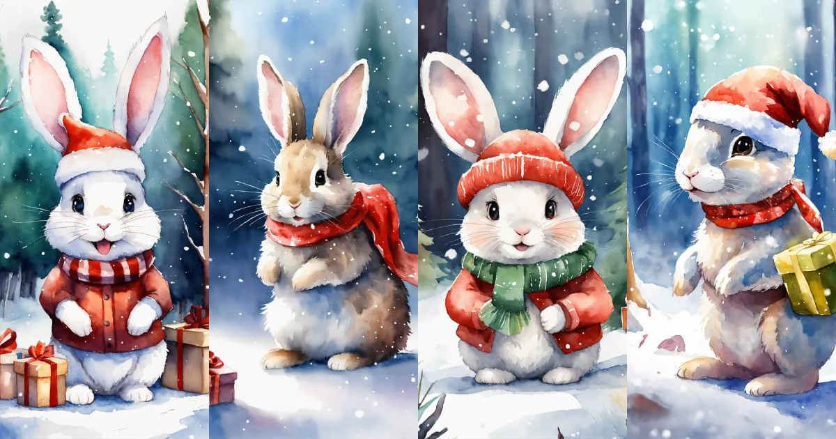 Lexica - A cute happy rabbit in forest with Christmas hat , presents ...