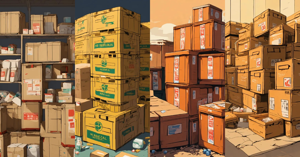 Lexica - Numerous relief boxes, strategically piled up, containing aid ...