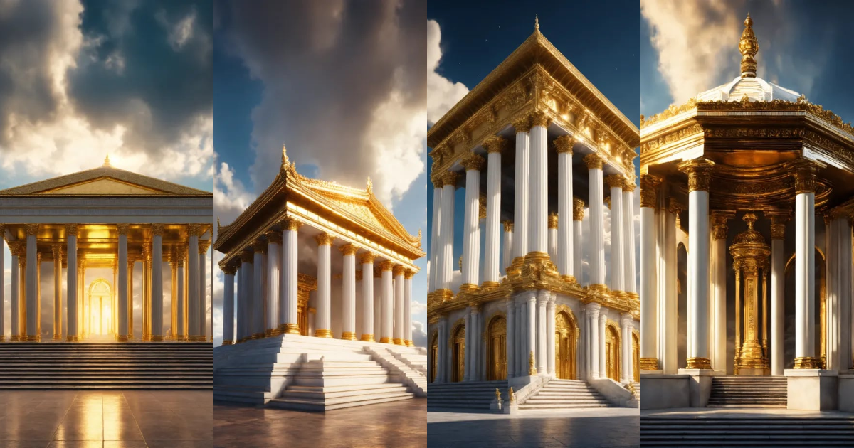Lexica - Hyperrealistic divine temple, white columns with golden shafts ...
