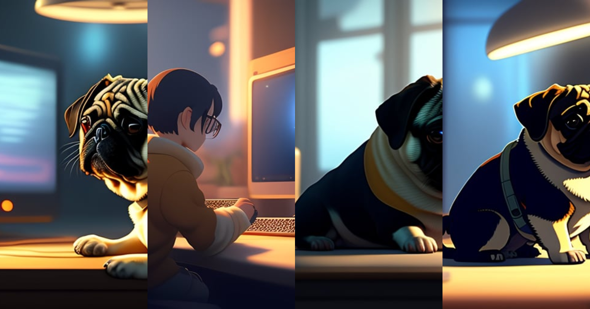 Lexica - A nerdy pug is programming at a computer in a room full of ...