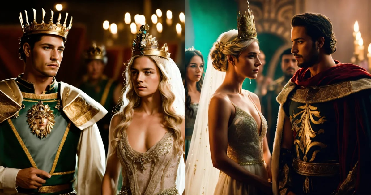 Lexica - A Latino spartan king and a blonde white queen stand in their ...