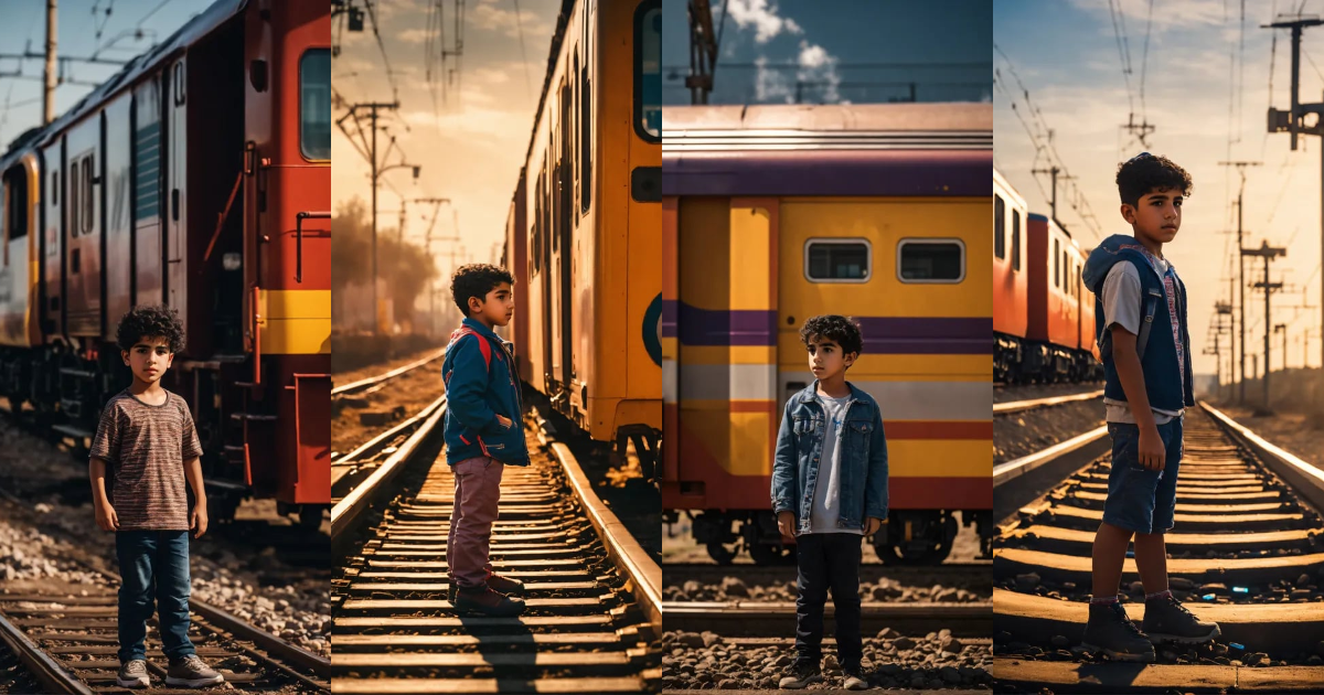 Lexica - A young middle eastern kid standing in front of a train on the ...