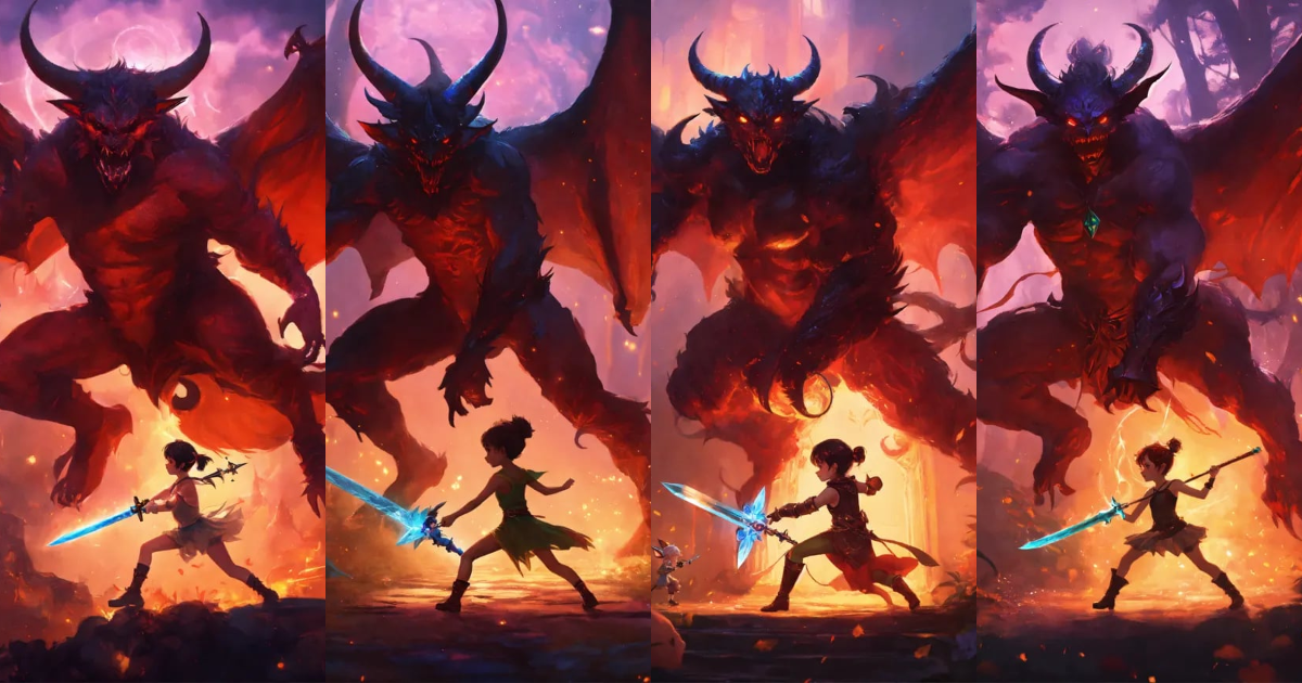 Lexica - A small pixie flighting a dark demon with a magic sword