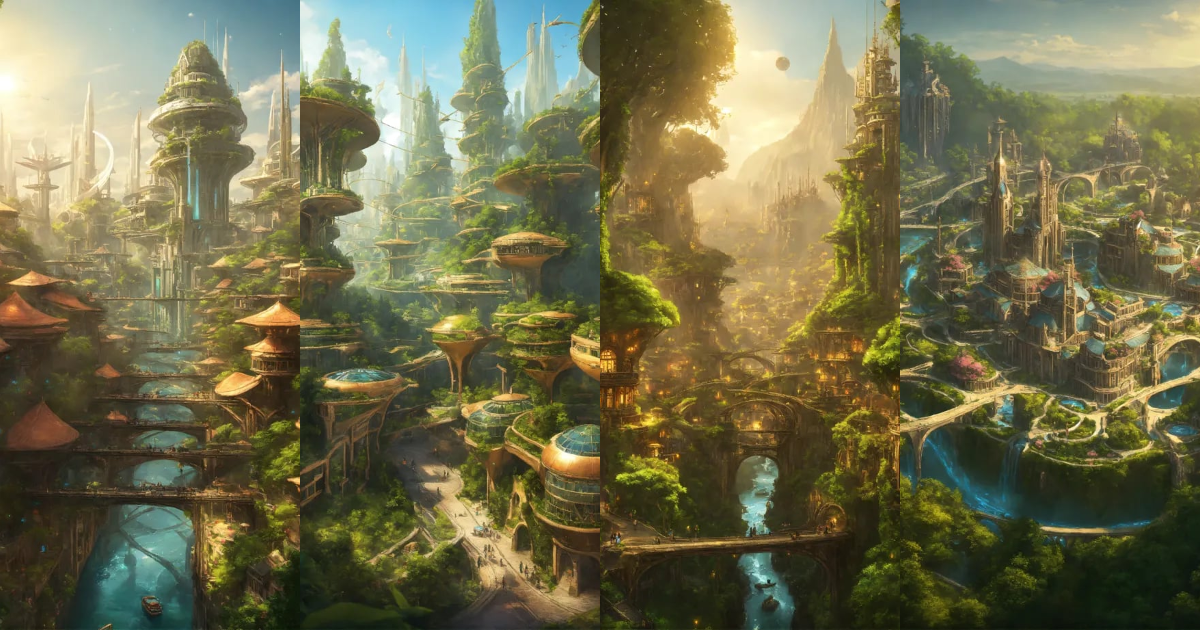 Lexica - Solarpunk elven city with busy thoroughfares nestled in a forest