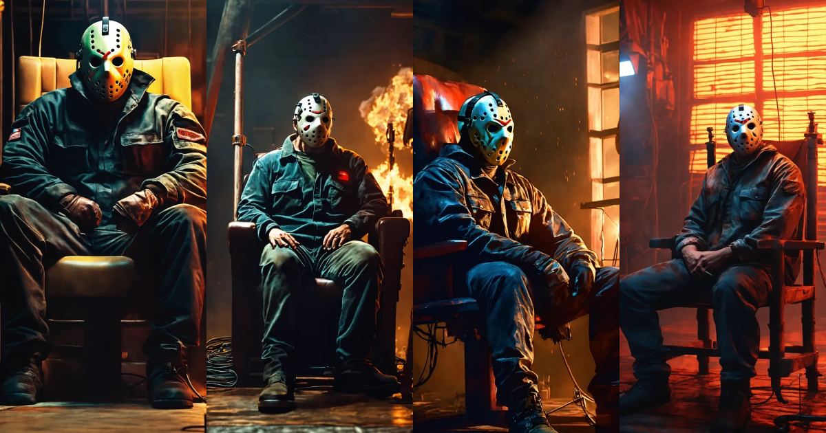 Lexica - Jason Voorhees sitting on an electric chair in the foreground ...