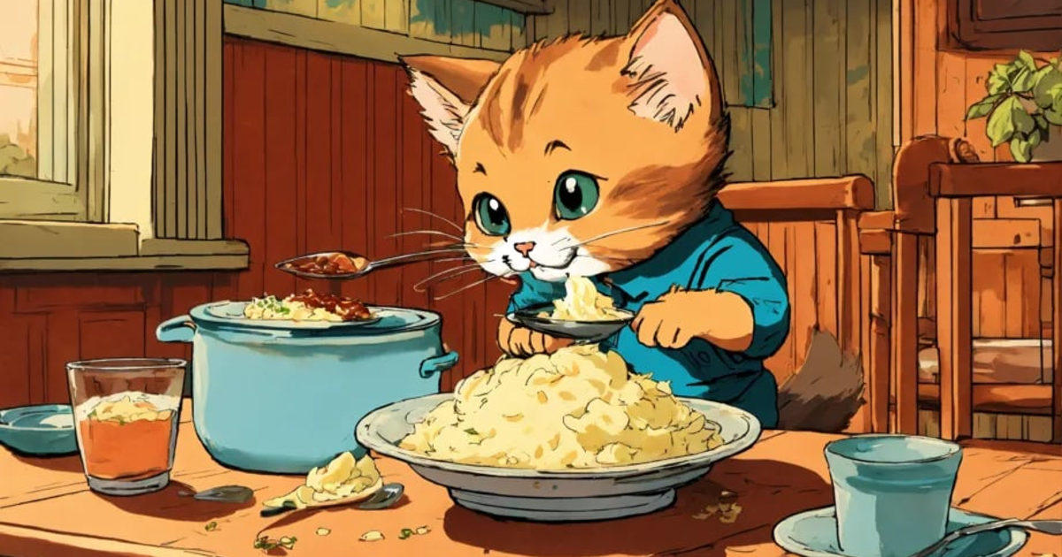 Lexica - Create a digital art piece featuring a tiny kitten eating ...