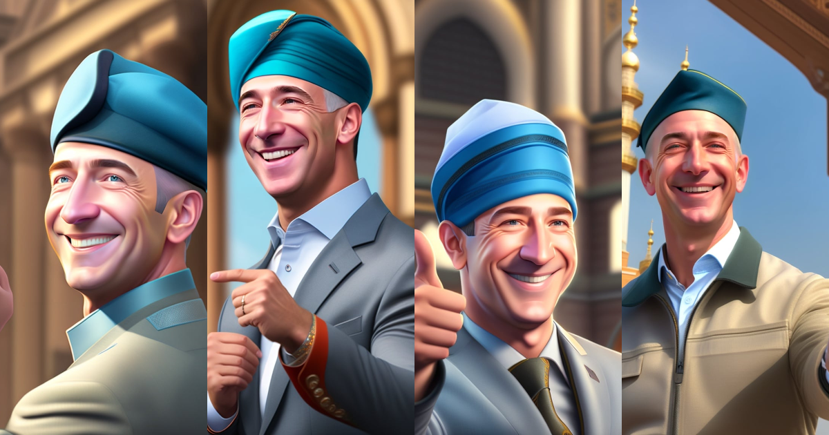 Lexica - Jeff Bezos smiling pointing his finger to the sky wearing ...