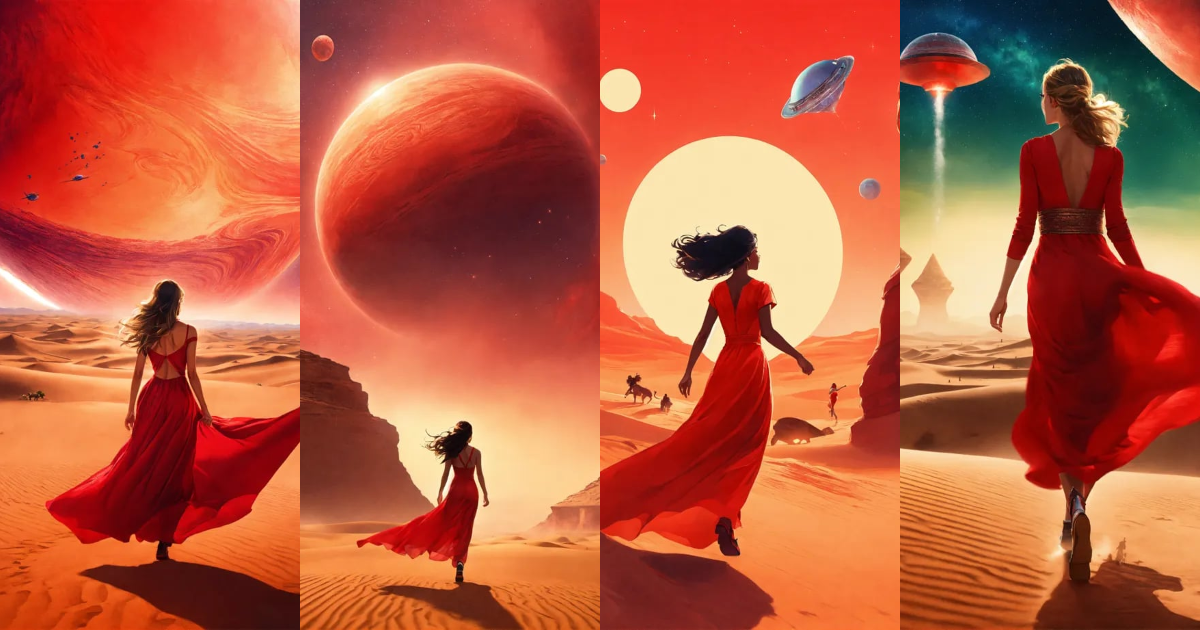 Lexica - Woman running through a sahara place in a long red dress ...