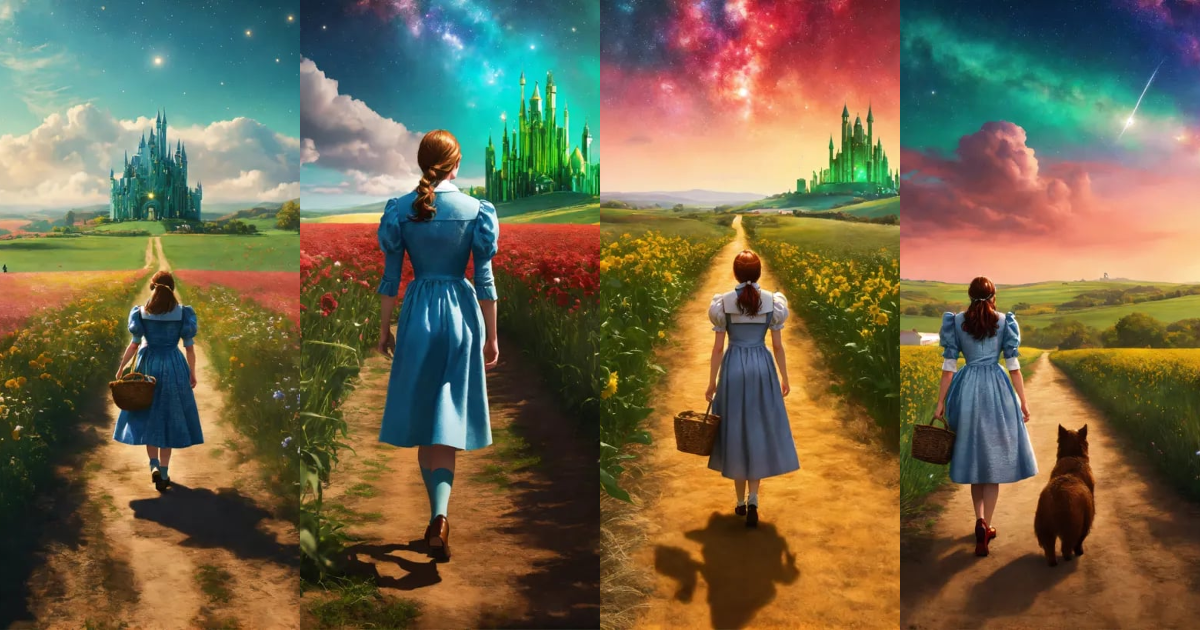 Lexica - A realistic photograph of Dorothy in The wizard of Oz walking ...