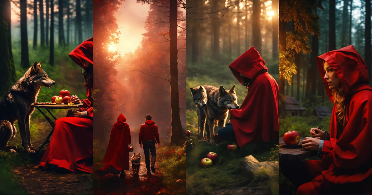 Lexica - In the forest in a chalet. Red Riding Hood eating an apple and ...