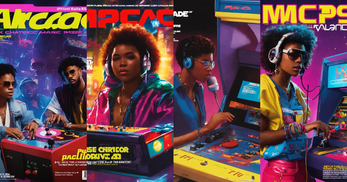 Lexica - 80s arcade black characters making music mpc magazine cover cover