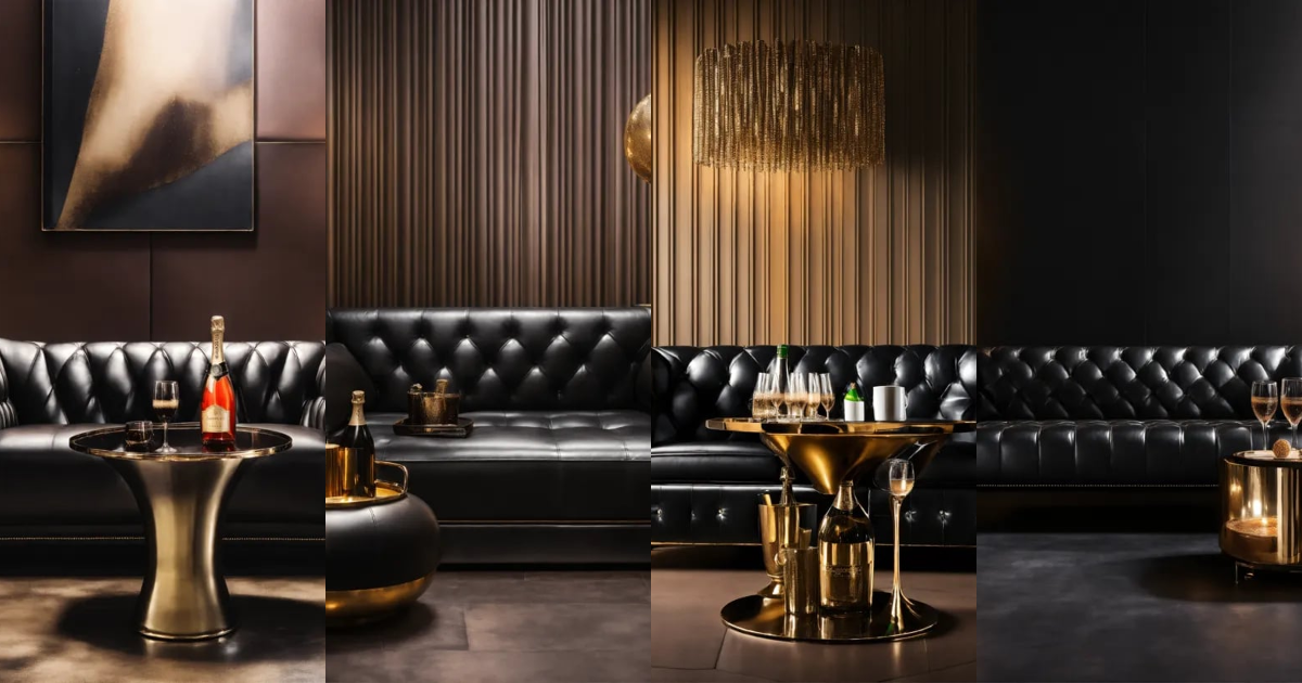 Lexica Black VIP area black leather sofa coffee table with champagne