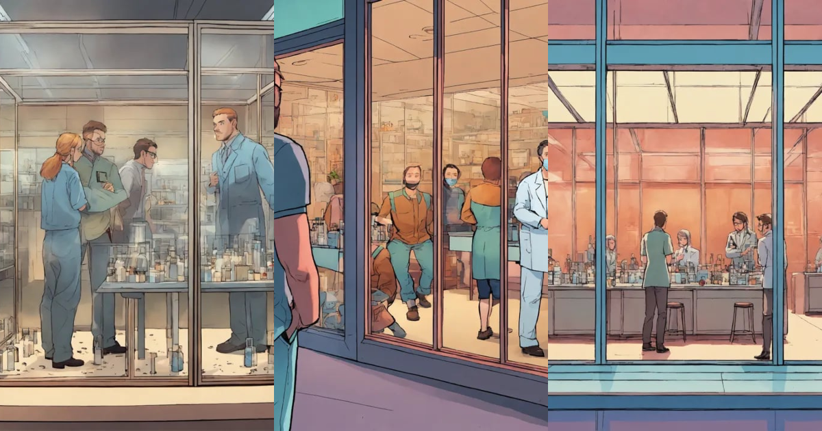 Lexica - Comic Show me a lab with a couple of people behind a glass ...