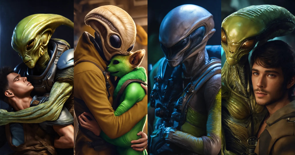 Lexica - Alien male, with a furry face, and a human male embracing ...