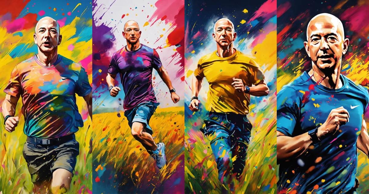 Lexica - A painting of 'Jeff Bezos' running with t-shirt in a field ...